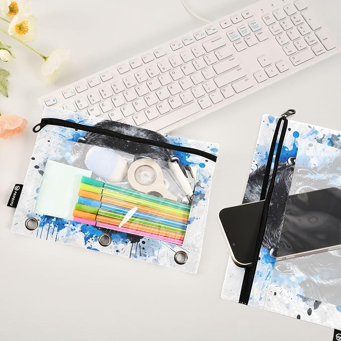 King Kong Blue Face Pencil Pouch for 3 Ring Binder 2 Pack Zipper Binder Pencil Bag Case with Clear Window Office Supplies