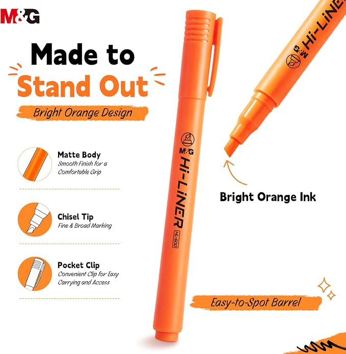 M&G Liner Highlighters, 12-Count Pack Orange Highlighters, Chisel Tip No Bleed Highlighter Pens for Office Documents, Planning, and Everyday Organization
