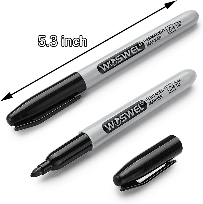 WOSWEL Permanent Markers Bulk, 50 Pack, Black Permanent Marker Pens, Fine Tip, Waterproof, Quick Drying, Smooth Writing, Used on Glass Metal Stone Paper Most Surfaces, Office School Supplies