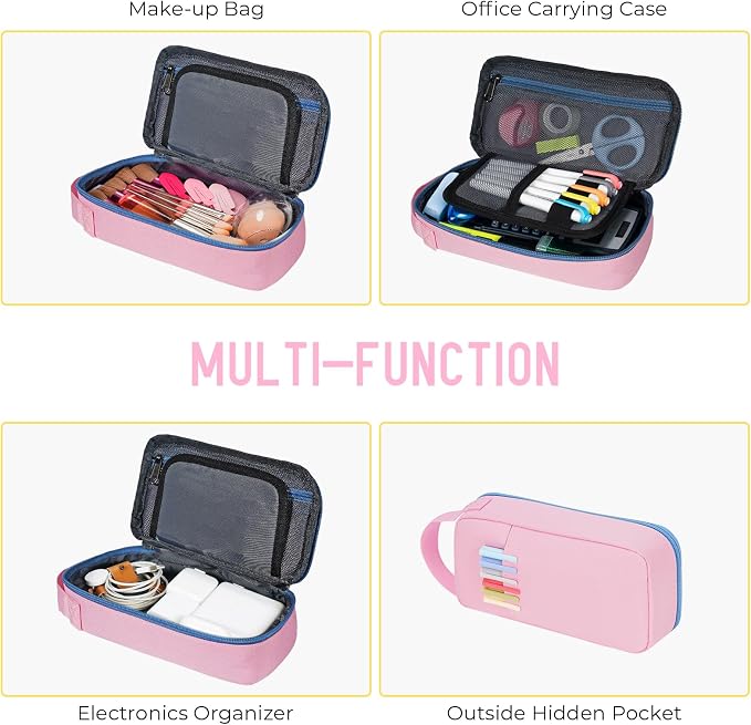 ECHSRT Large Capacity Pencil Case with Hidden Pocket, 1200D Oxford Fabric Zipper Pencil Pouch with Handle, Multi-Pocket Stationery Organizer for Office, College, Travel and Daily Carry, Pink