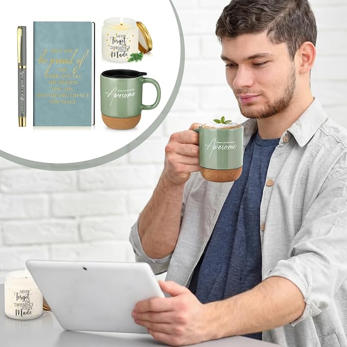 Sayglossy 4 Pcs Thank You Gifts for Men Women Teacher Employee Coworker Appreciation Notebook Inspirational Coffee Mug Scented Candle Ballpoint Pen for Volunteer Housekeeping
