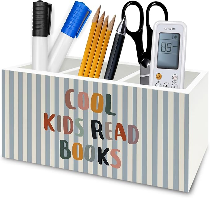 Boho Reading Room Pen Pencil Holder Organizer for Desk, Cool Kids Read Books Bookish Wooden Box Signs Decorations for Kids Reading Room Classroom Desk Tabletop, Book Lover Reader Gifts