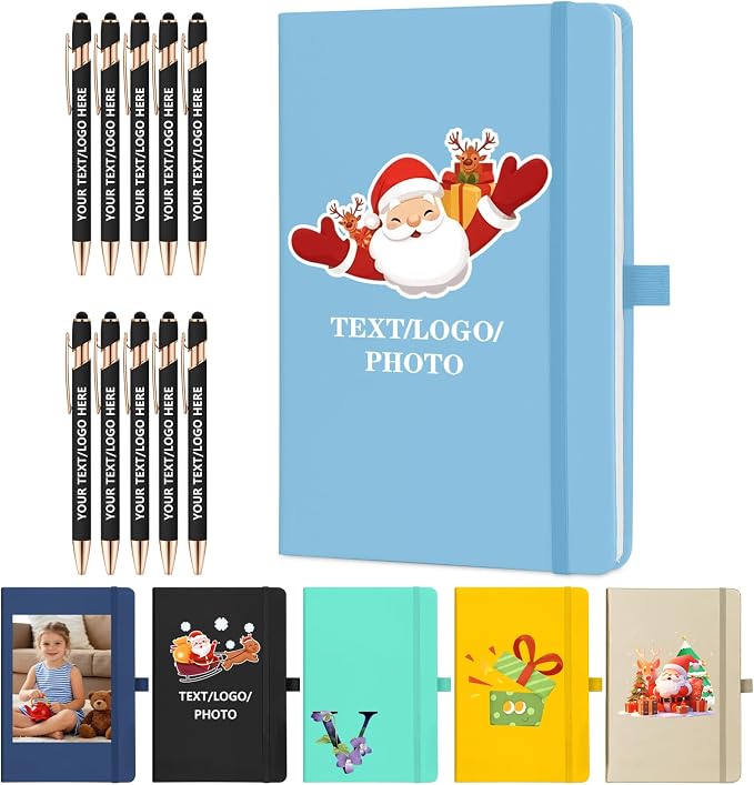 ENOMY Personalized Notebook & 10 PC Pens Gift Set Custom Notebook Journal A5 200 Pages A5 Lined Journal for Men Women Hardcover Notebooks for Work College Graduation Gifts, Sky Blue