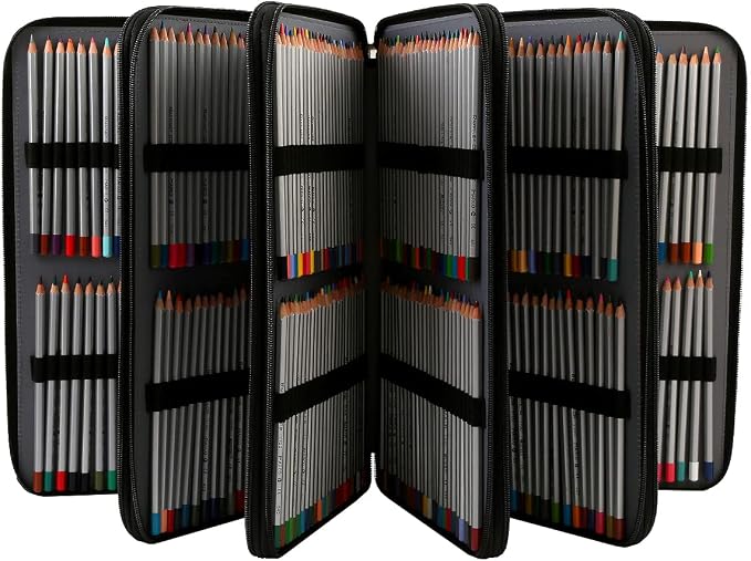 480 Slots Pencil Case, 5-Layer Organizer with Shoulder Strap | 5-layer twill oxford case with 480 elastic slots, carry handle, removable strap, and outer pocket for phone or keys.
