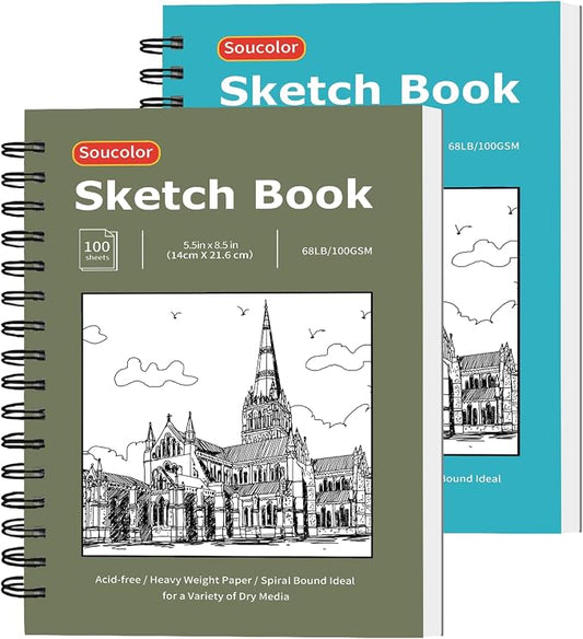 Soucolor Sketchbook 5.5" x 8.5", 2 Pack Mini Sketch Book | Spiral Bound Sketch Book with 200 Sheets 68lb/100gsm Acid-Free Paper, Drawing Notebook for Adults Kids Artists Art Supplies