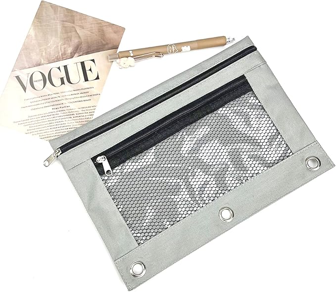 Pencil Pouch for 3 Ring Binder - 3 Hole Zipper Pen Case Bag Holder Bulk Accessories Clear Window Aesthetic Organizer Pockets