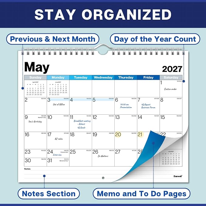 Dunwell Wall Calendar 2026-2027, 8.5" x 11", 18 Months Jul. 2026 to Dec. 2027, Durable Twin Wire Binding, Thick Paper, Small Desk Calendar Planner For Home, Office, School, Simple Design, Easy Read