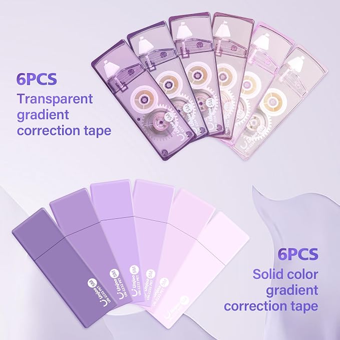 Unjoo Mini White Correction Tape Set (12pack, 5M/196" x 0.2", Purple) | Aesthetic Cute Correction Tape, Easy To Use, For school, Office Workers
