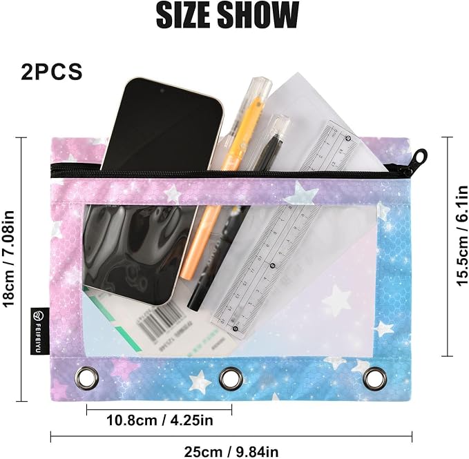 ALAZA Pencil Pouch for 3 Ring Binder, Star Pink Blue Sky Binder Pencil Pouches with Clear Window Zipper Pencil Case Cosmetic Bags for Office College Supplies, 2PCS