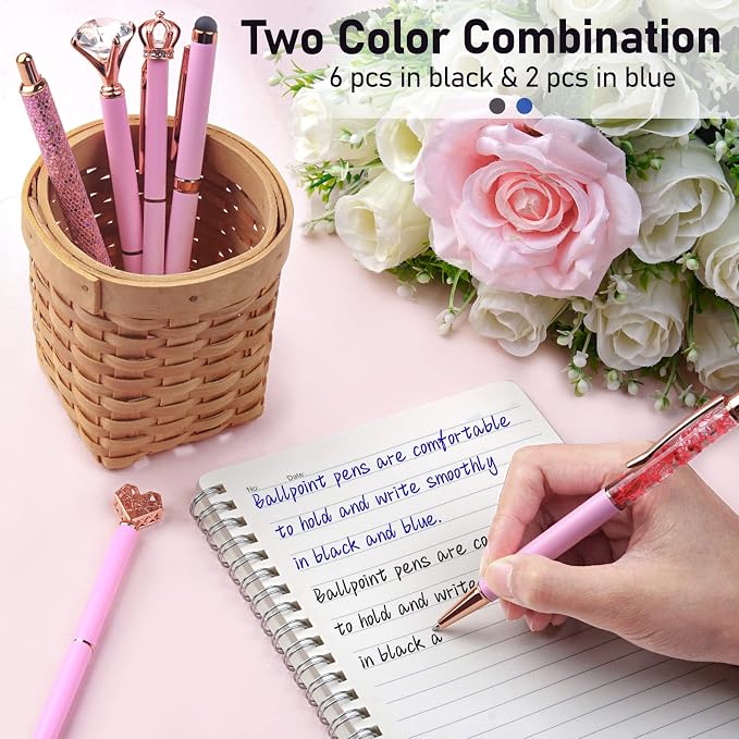 WEMATE 8Pcs Pink Pens, Metal Crystal Diamond Pens with Black & Blue Ink | Fancy Pens for Journaling, Office & Gift Supplies for Women Girls, Birthday and Back to School