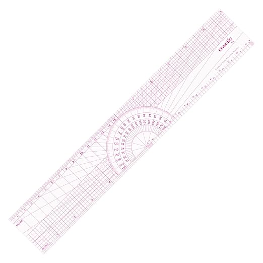 KEARING 12" 30cm Graph Ruler with Protractor - Dual Pattern Grading Tool | Clear 1.2mm flexible plastic grid ruler with built-in protractor. Dual metric imperial sandwich line scales
