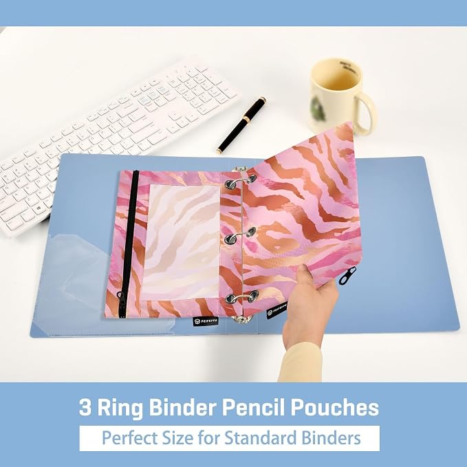 ALAZA Pencil Pouch for 3 Ring Binder, Pink Tiger Stripes Print Binder Pencil Pouches with Clear Window Zipper Pencil Case Cosmetic Bags for Office College Supplies, 2PCS