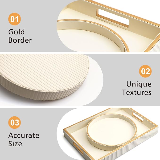 SANZIE Leather Tray Desktop Storage Organizer Premium Serving Trays Decorative Tray Valet Tray for Sundries Cosmetics Phone Wallet Cutlery (White Holder with Disc)