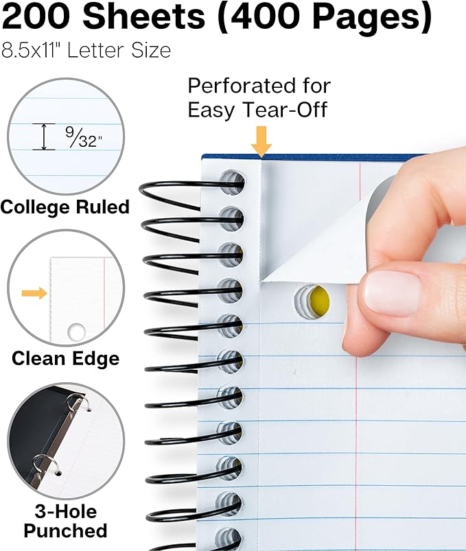 Dunwell 5-Subject Spiral Notebook, College Ruled (Blue), Colorful Movable Pocket Dividers with Tabs, Front/Back Plastic Covers, 200 Sheets (400 Pages) of 3-Hole Punch Perforated 8.5x11 Paper