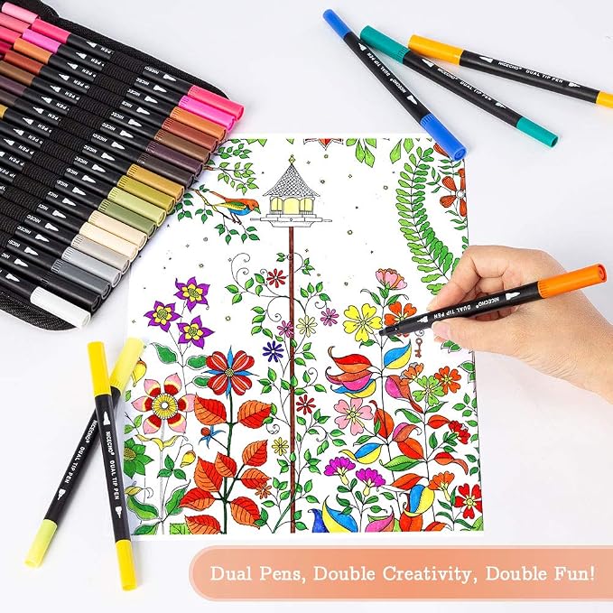 Nicecho 60 Colors Markers for Adult Coloring Books, Dual Brush Art Marker Pens - Fineliner & Brush Pen for Journaling, Calligraphy, Drawing, Sketching