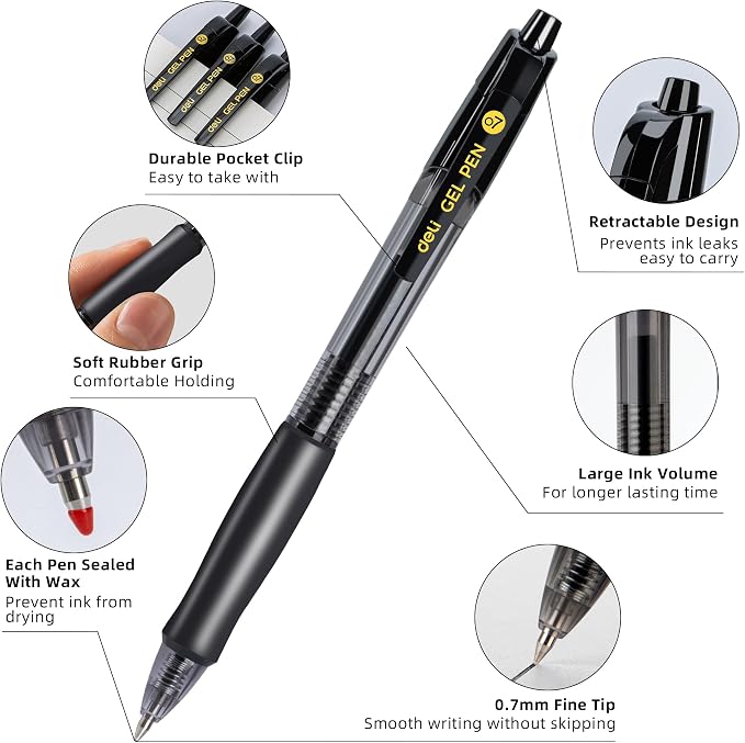 deli Pens Bulk, 50 Pcs Retractable Gel Pens Medium Point 0.7mm, Smooth Writing with Fast Dry Black Ink, No Bleed, Comfort Grip & Pocket Clip for School, Office, Home Supplies
