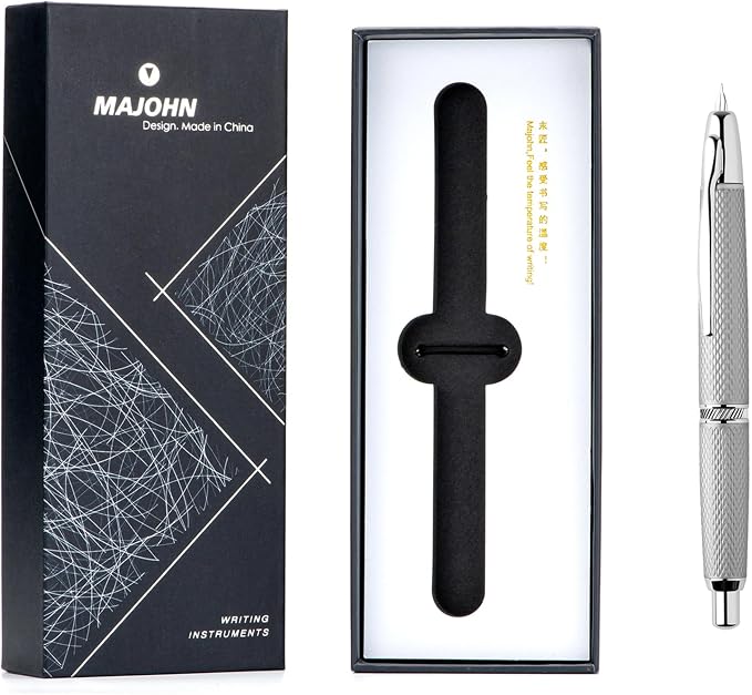 erofa Majohn A1 Retractable Fountain Pen with Box, Press Extra Fine Nib Metal White Grid Ink Pen with Converter Writing Set (With Clip Version)