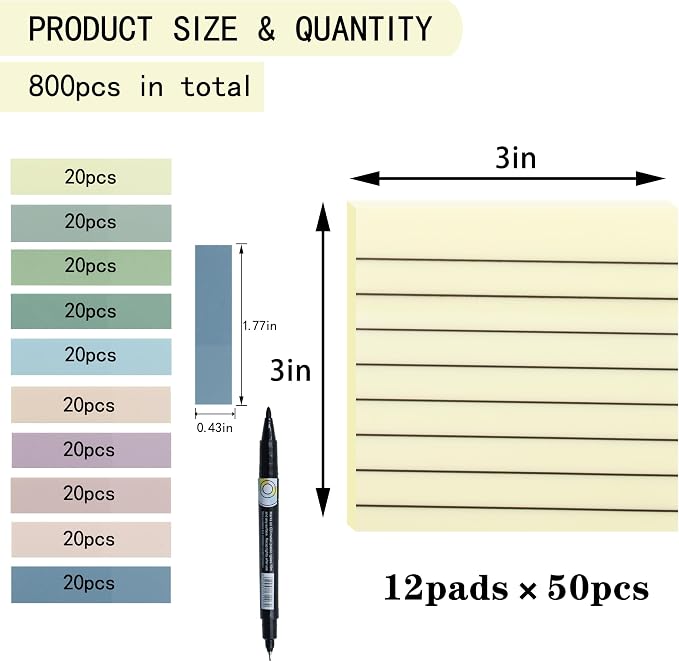YOUDEFUL 800Pcs Transparent Sticky Notes, Yellow Clear Sticky Notes with Lined, 3"x3" Waterproof Translucent Sticky Note Pads, Index Tabs, Clear Post it Notes for Bible Study, See Through Sticky Notes