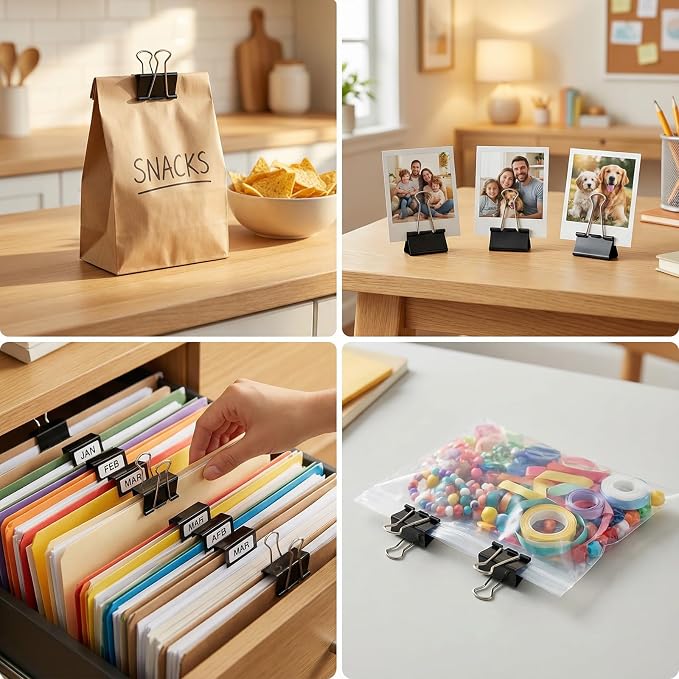 340Pcs Black Paper Clips and Binder Clips Assorted Sizes, Large Medium Small Binder Paper Clips Office Clips Office Supplies, Assorted Paper Clamps PaperClips for Home Office Supplies in a Container