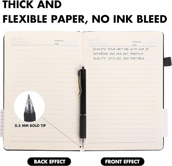 Aodaer 1 Set Lined Notebook Journal with Pen A5 Notebooks 100 GSM College Ruled Hardcover Notebook PU Leather Notepad with Pen Holder for Office School, 5.7 x 8.3 Inches, Black
