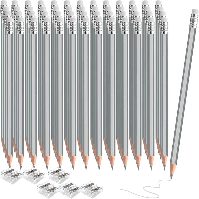 120 PCS Silver Colored Pencils with Eraser Pre Sharpened Pencil 2 HB - Ideal for Checking, Grading, Tests & Office/School Supplies (Silver)