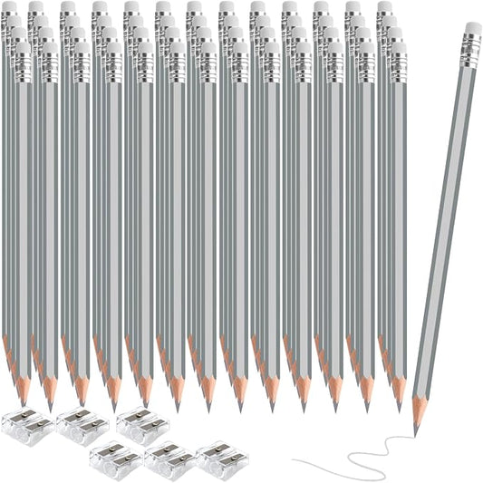 120 PCS Silver Colored Pencils with Eraser Pre Sharpened Pencil 2 HB - Ideal for Checking, Grading, Tests & Office/School Supplies (Silver)