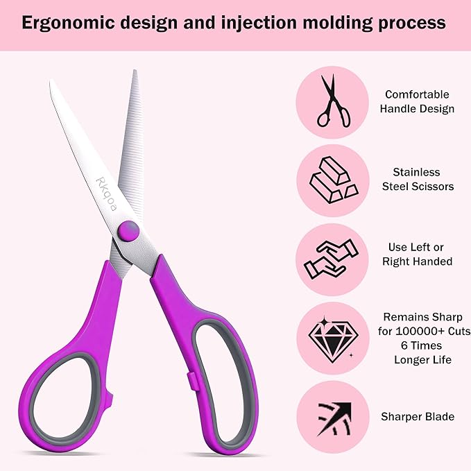 Black Scissors Bulk, Rkqoa 6 Pack 8" All Purpose Scissors for Everyday Use | Comfort-Grip Sharp Scissor for Office School Classroom Craft Sewing Supplies, High/Middle Student Teacher, Right/Left Handle