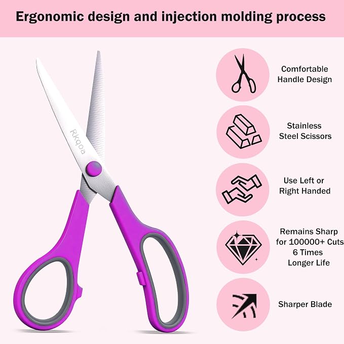 Red Scissors of 6 Pack, 8" All Purpose Sharp Scissor for Everyday Use | Comfort-Grip Sharp Scissor for Office School Classroom Craft Sewing Supplies, High/Middle Student Teacher, Right/Left Handle