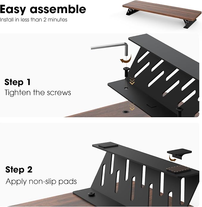 Fenge Monitor Stand Riser, Wooden & Metal Desk Shelf Organizer, Brown | 42.5 Inch Dual Monitor Riser for 2 Monitors, Multifunctional Monitor Shelf for Laptop, PC, Printer