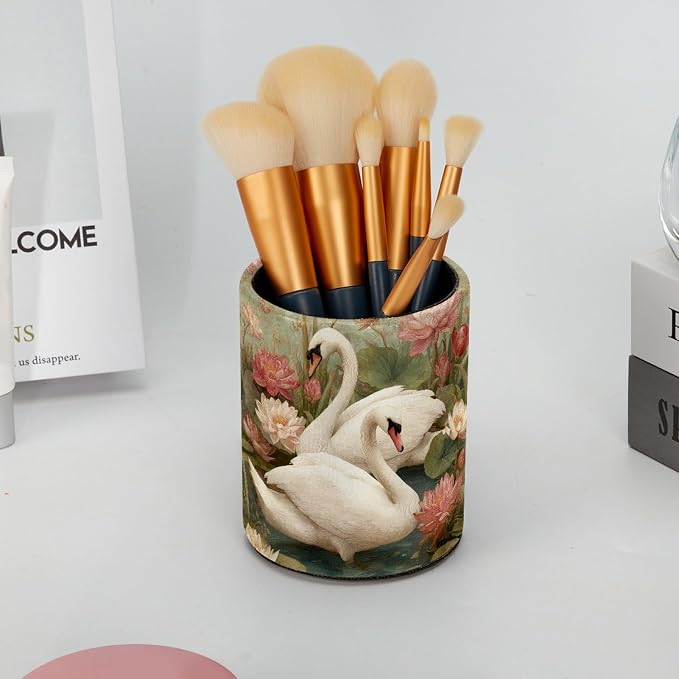 White Swan and Vintage Flowers Leather Pen Holder for Desk, Multifunctional Desktop Organizer Pencil Cup, Desktop Caddy Stationery Organizer for School Home Office Desk Accessories