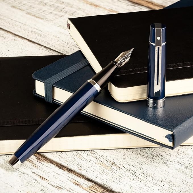 Sheaffer 300 Glossy Blue Lacquer Fountain Pen with Chrome-Plated Trim and Medium Nib