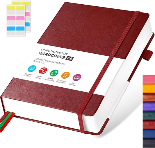 FOCUS DAY Lined Thick Journal Notebook for Writing Women Men, 320 Pages, Medium 5.7 inches x 8.4 inches, Hardcover Leather Notebook with 100 gsm Thick Paper, Burgundy