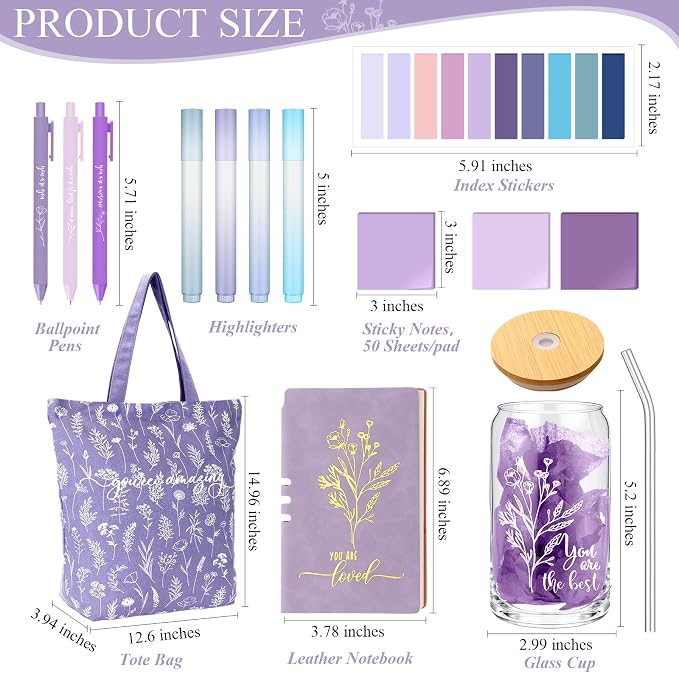 14 Pcs Inspirational Journal Kit for Women Aesthetic A6 Leather Journal Notebook Glass Cup Canvas Tote Bag Motivational Pen Stationery Set for Vbs Sunday School Teacher Back to School(Purple)