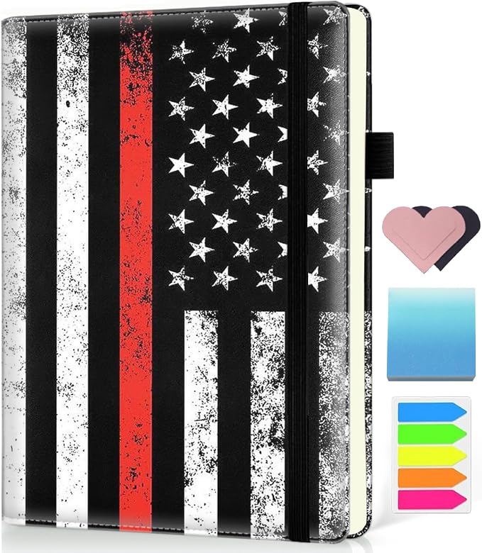 Hardcover Executive Notebooks, A5 PU Leather Lined Journal Notebook, 200 Pages Thick Paper Subject Notebooks for School,Work,Home Writing Business Notebook,Patriotic Firefighter Red Line Flag