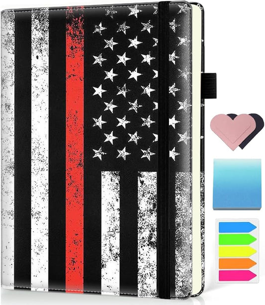 Hardcover Executive Notebooks, A5 PU Leather Lined Journal Notebook, 200 Pages Thick Paper Subject Notebooks for School,Work,Home Writing Business Notebook,Patriotic Firefighter Red Line Flag