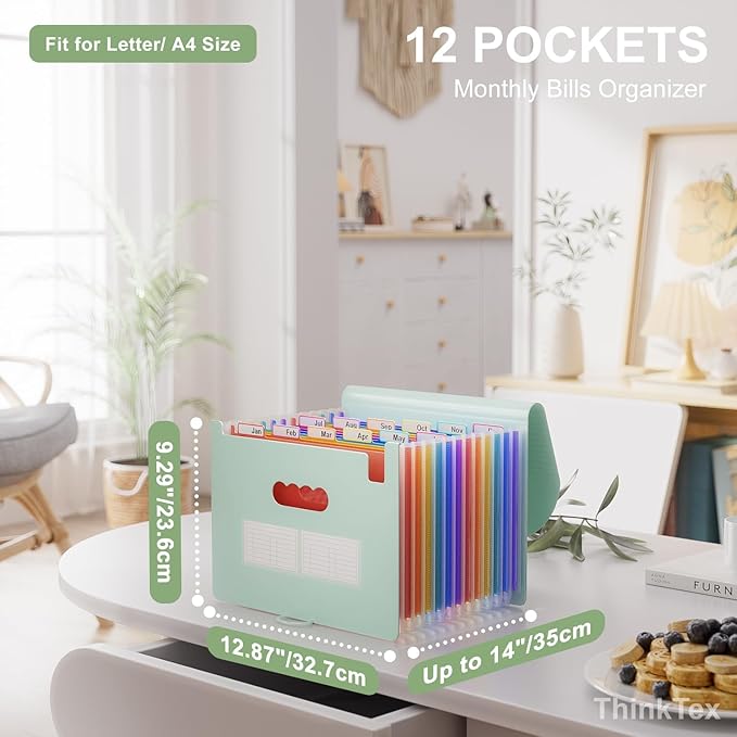 ThinkTex Accordion File Organizer, 12 - Pocket Expanding File Folders | for Receipts, Bills & Taxes Organizer, Letter/A4 Size Document Holder for School, Office, Home with tabs-Sage Green