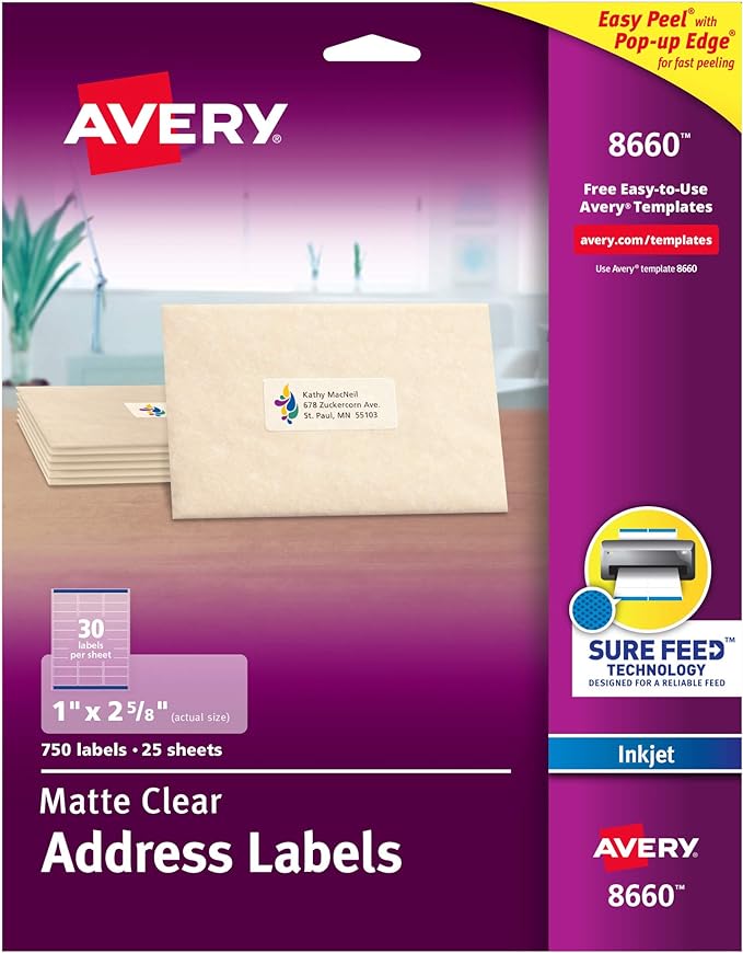 Avery Printable Address Labels with Sure Feed Technology, 1" x 2-5/8", Matte Clear, Compatible with Inkjet Printers, 750 Blank Labels per Pack, Great for Mailing, Branding, and More (5-Pack of 8660)