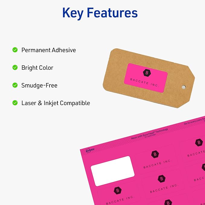 Avery Printable Address Labels with Sure Feed, 1" x 2-5/8", Neon Magenta, Laser & Inkjet Compatible, 750 Blank Labels Total, Great for Branding, Mailing, Organizing, and More (5970)