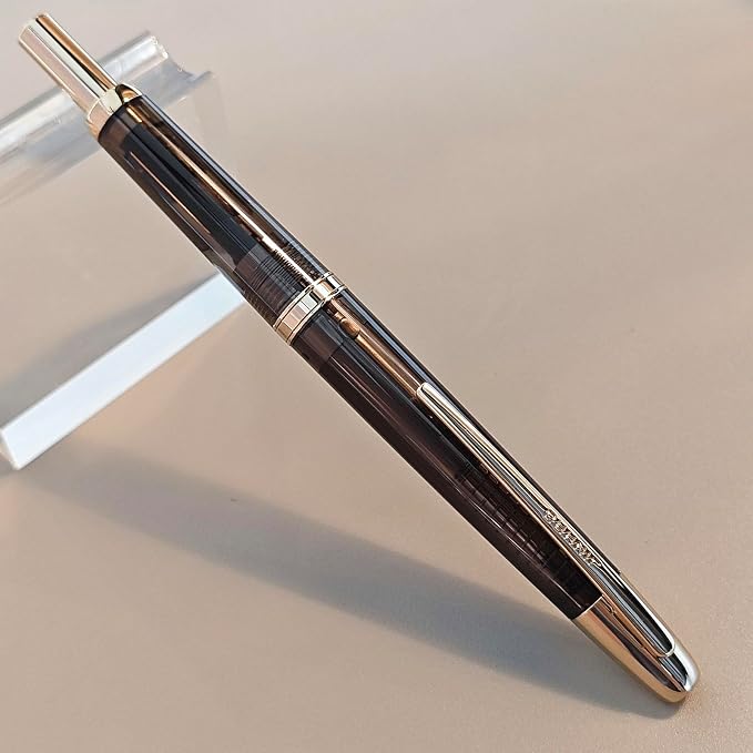 JH 20 Press Retractable Fountain Pen Fine Nib with Converter Resin Writing Gift Pen,Classic Resin Barrel,Writing Pen for Office, School, Business (Transparent Black Gold Trim, Fine Nib)