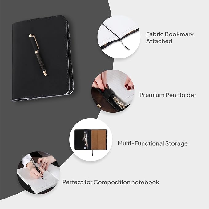 XL Leather Journal Cover Black 7.5 x 9.5 Inch – Refillable Genuine Leather Cover for Composition Notebook, B5 Planner & Diary – Handmade Protective Travel Writing Case