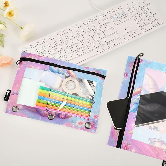 Gredecor 3 Ring Binder Pencil Pouch, Adorable Dragon Butterfly Zippered Pen Case Pouches with Clear Window, 2 Pack Stylish Office & School Supplie