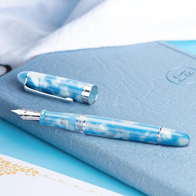 Asvine P50 Piston Fountain Pen Bock Extra Fine Nib Sky Blue Resin, Silver Trim Smooth Writer Collection with Pen Case Gift Set