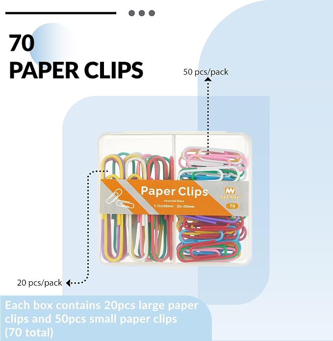 NEEWAY Colorful Paper Clips Assorted Sizes, Small and Large Paper Clips, 70 Count (Multicolor)