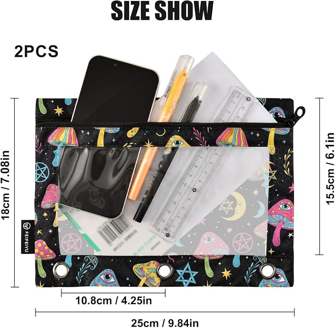 Mushroom Eyes Colorful Pencil Pouch for 3 Ring Binder 2 Pack Binder Pencil Case with Clear Window Pencils Bags with Zipper for Office School College Supplies