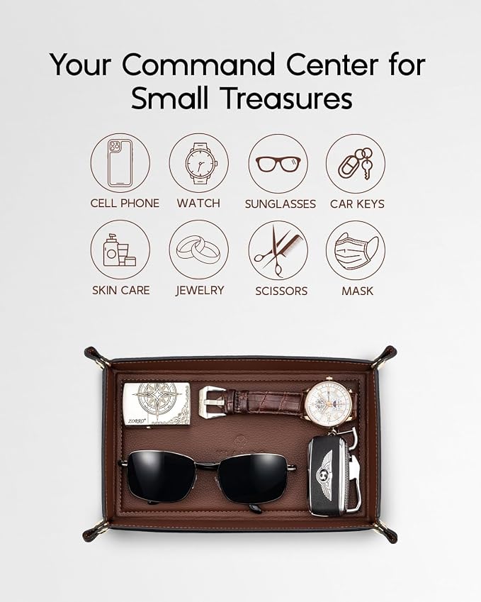VLANDO Valet Tray for Men, Foldable PU Leather Catchall, Mocha Brown | Travel Catchall Tray, Jewelry Tray and Dresser Organizer for Keys, Wallet, Watch, Glasses, Rings and Small Accessories