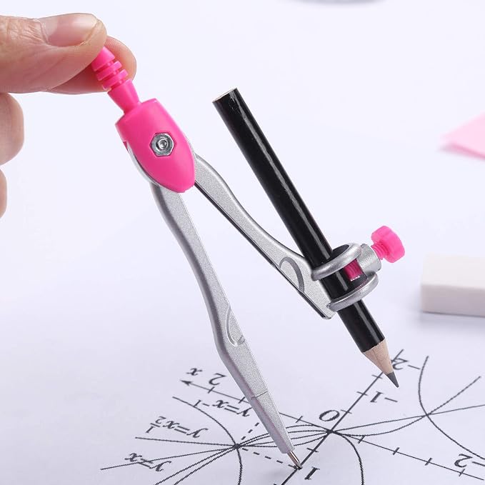 Unjoo Geometry Set 10 Pcs Student Supplies, Protractor and Compass (Pink） | Shatterproof Storage Box,Rulers,Protractor,Compass,Eraser,Pencil Sharpener,Lead Refills,Pencil,for Classroom, Back to School