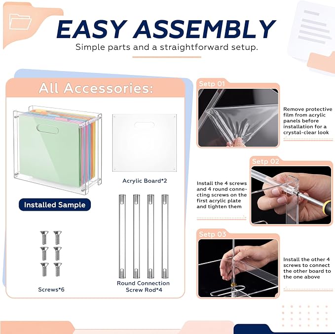 SiliFine Clear Acrylic Hanging File Organizer Box with Handles, 13.6 x 10.4 x 5.1 Inches Narrow Desktop Document Holder for Letter A4 Size, Paper Storage Rack for Desk Office Home