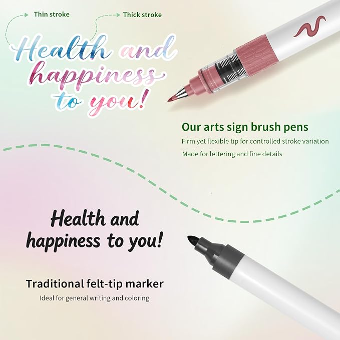 Arts Sign Brush Pens, 24 Colors Calligraphy Brush Pens with Felt Tip, Water Based Ink, Markers for Hand Lettering, Journaling, Art Drawing and Calligraphy