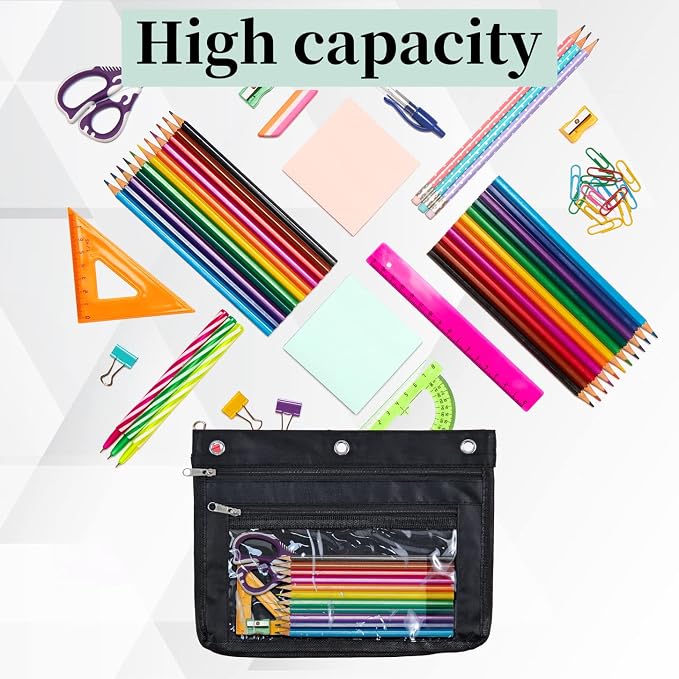 YoeeJob 2 Pack 1 Inch Expandable Zipper Pencil Pouches with Clear Window for 3 Ring Binder, Suitable for School & Office (Black+Blue)