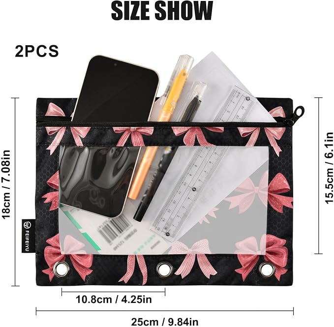 Pink Red Bow Black Pencil Pouch for 3 Ring Binder 2 Pack Zipper Binder Pencil Bag Case with Clear Window Office Supplies